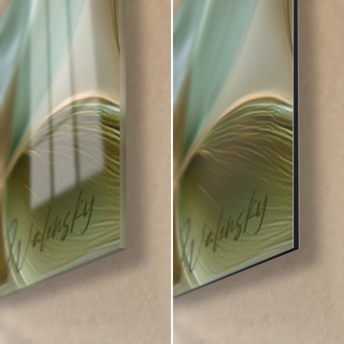 Tableau feuilles nervurées sauge et roux, coin bas droit : verre acrylique brillant à gauche, Dibond mat à droite