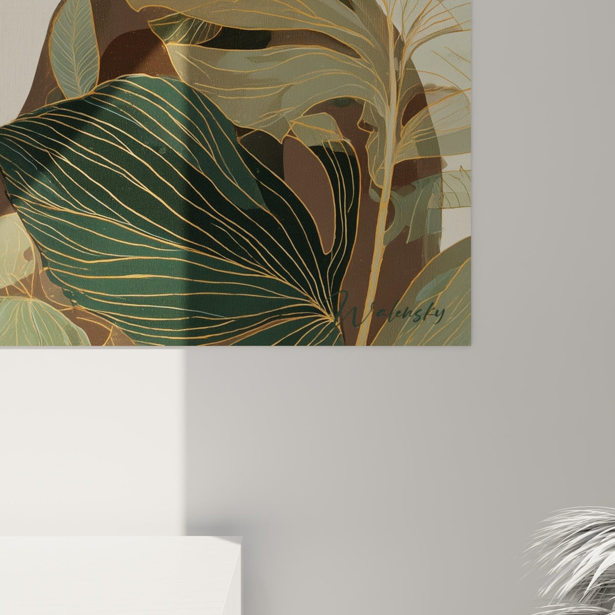 Nervures dorées finement tracées sur les feuilles vert sauge, texture mate contrastant avec le fond crème du tableau