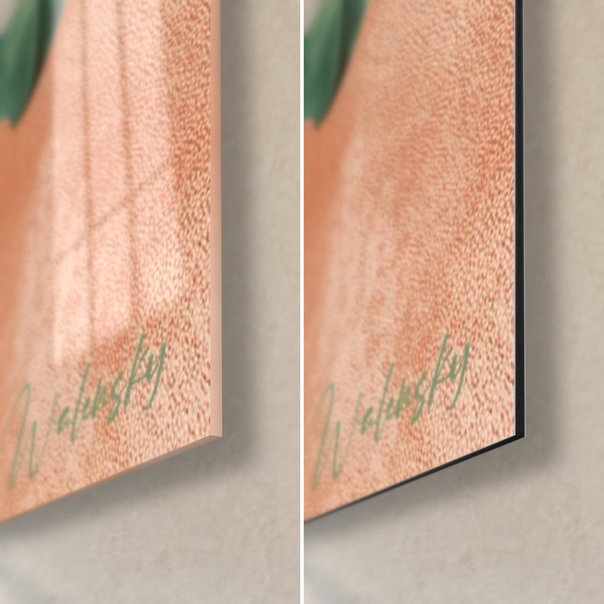 Wall art of green and copper monstera, bottom right corner: glossy acrylic glass on the left, matte black Dibond aluminum and edge on the right