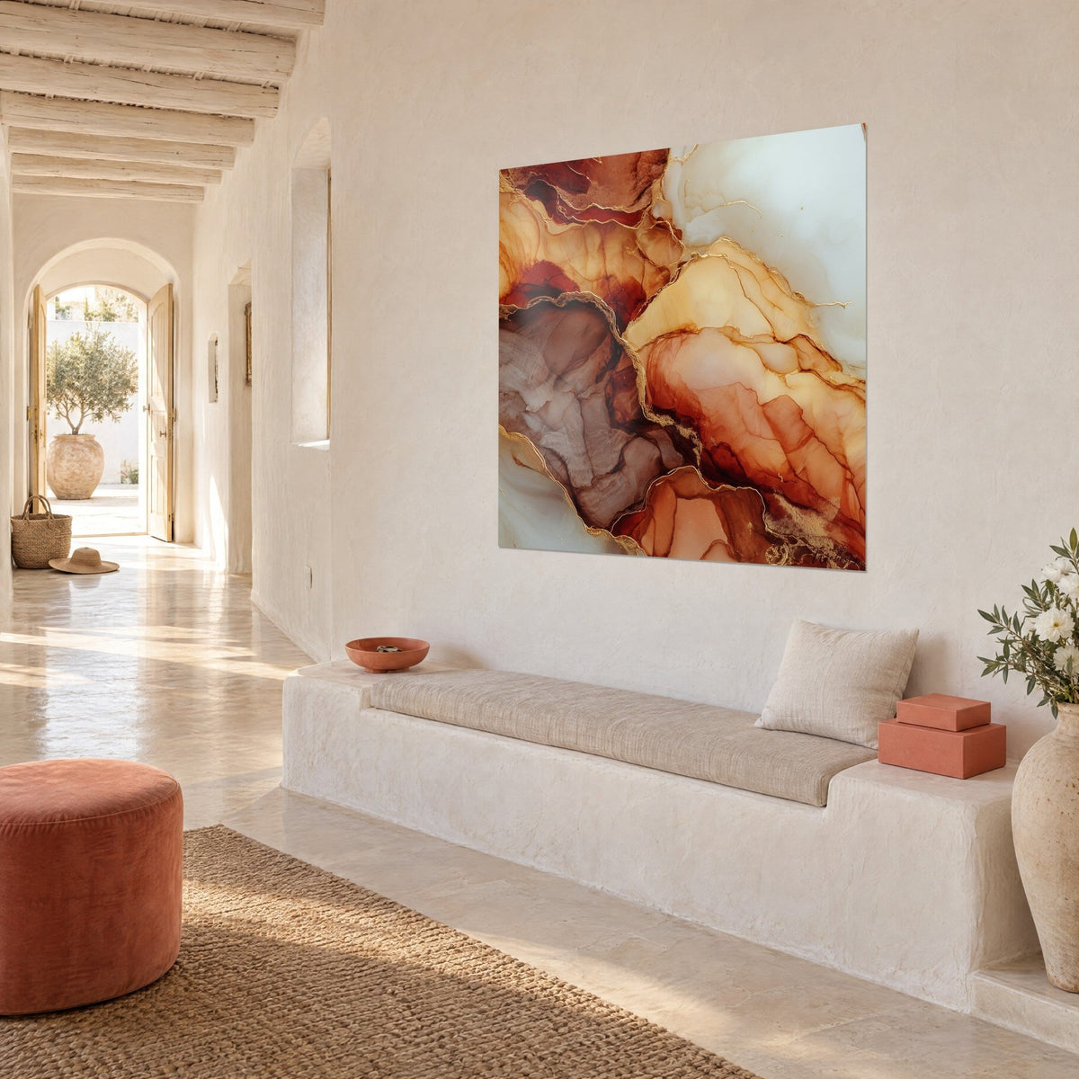 Wall art with mineral strata in ochre, burgundy and ivory white, gold edging, on a whitewashed wall of a Mediterranean house