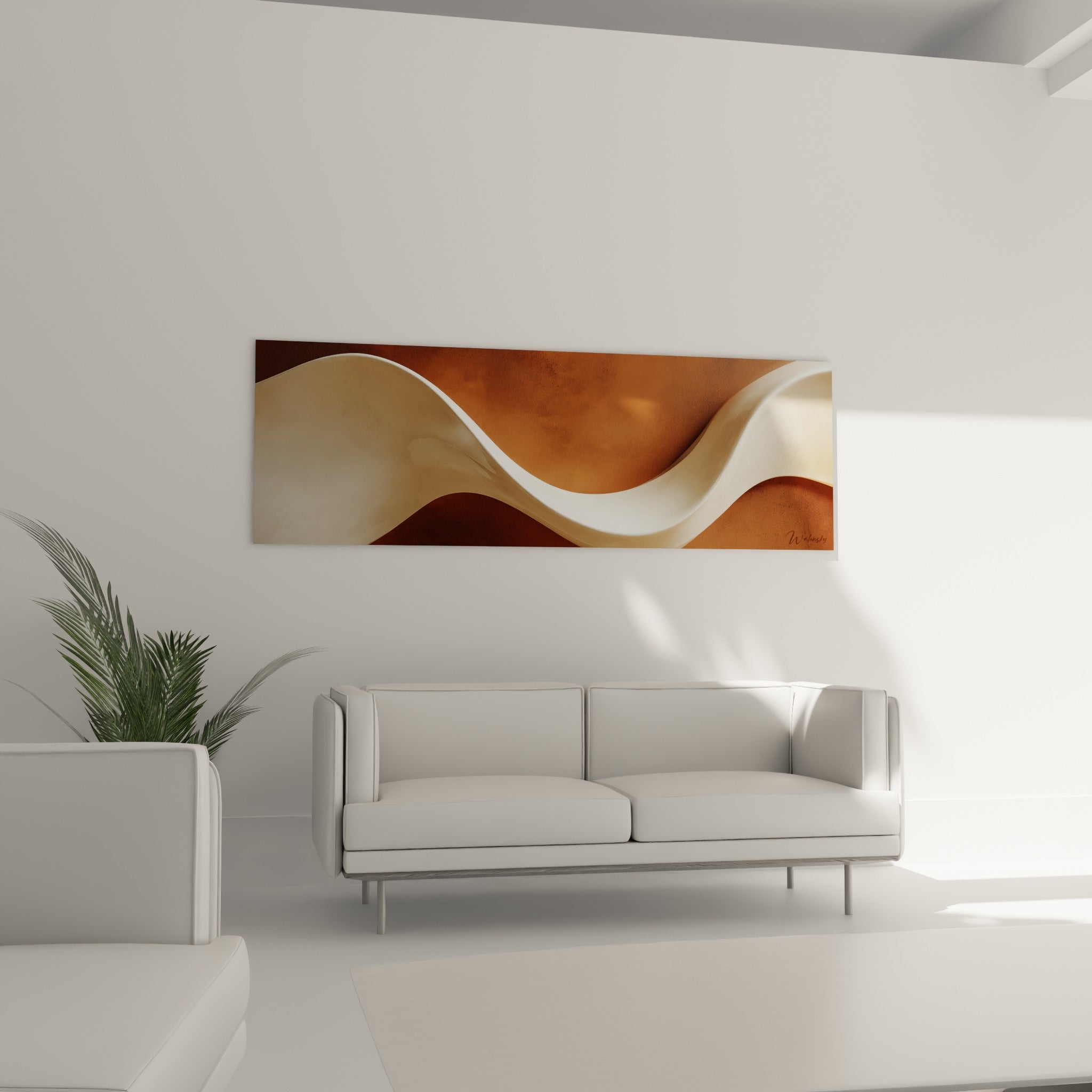 Courbe blanche glissant sur fond ocre et anthracite, accrochée au-dessus d'un canapé dans un salon lumineux.