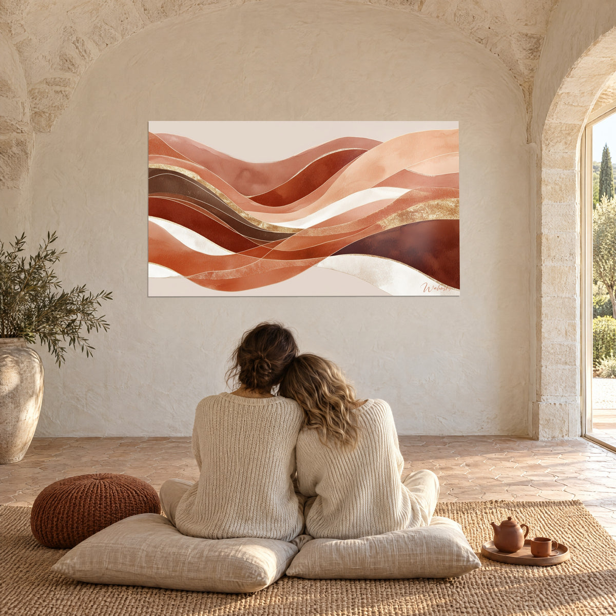 Πίνακας με μεταξένιες ροές terracotta και λευκού κρέμ, χρυσές κλωστές, ζευγάρι αγκαλιασμένο από πίσω πάνω σε μαξιλάρια, θολωτό προβηγκιανό σπίτι