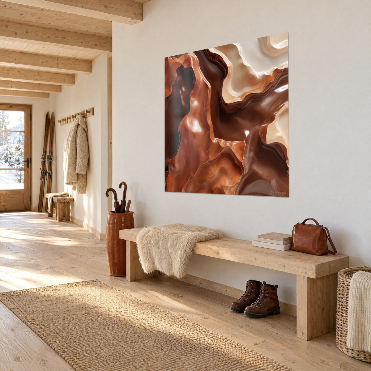 Schilderij met gemarmerde golven in koper en ivoor in glanzend reliëf, gehangen naast een houten bank in een entree in chaletstijl
