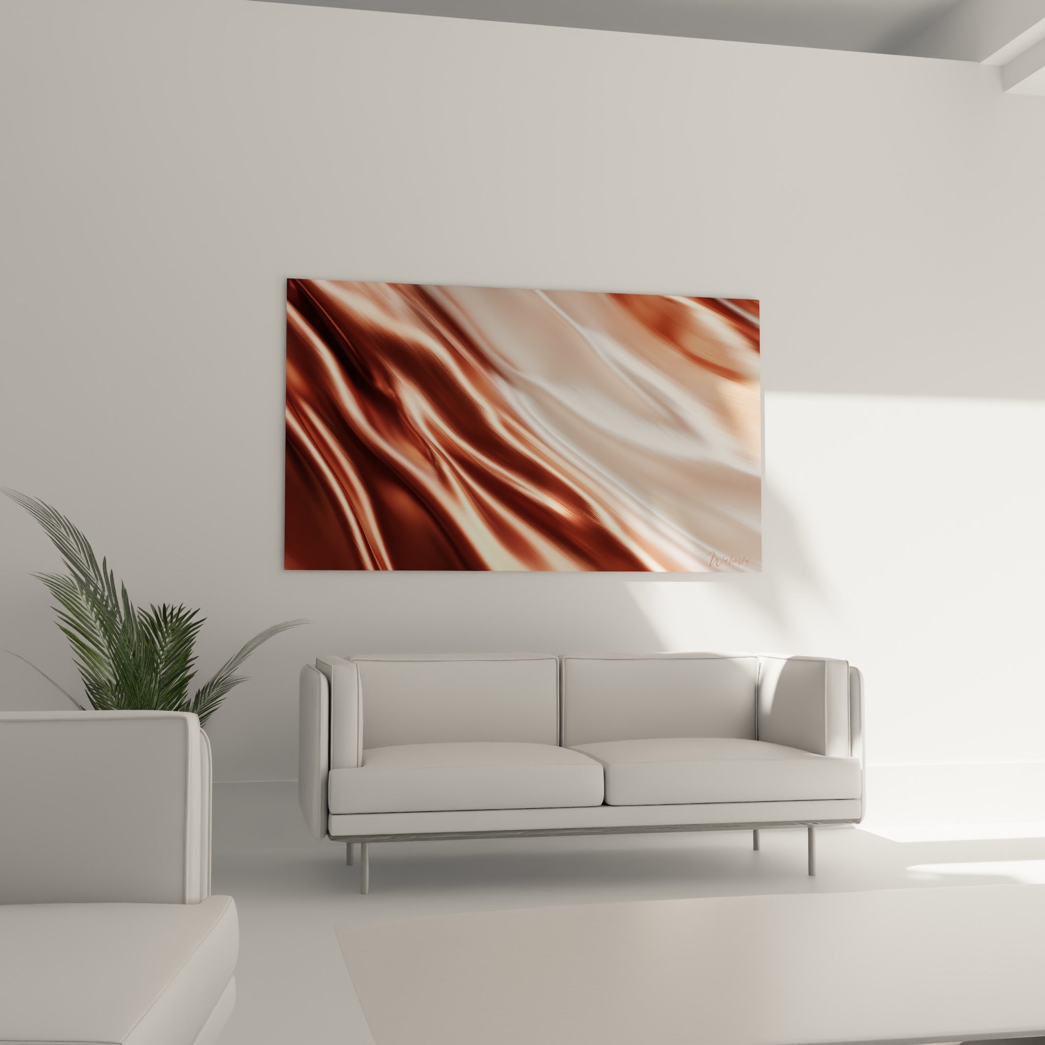 Vagues métalliques terracotta et ivoire déployées au-dessus d'un canapé dans un salon lumineux
