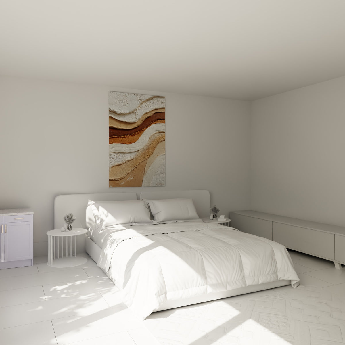 Vagues sculptées en blanc et brun terracotta, tableau Terracotta au-dessus d'un lit dans une chambre claire
