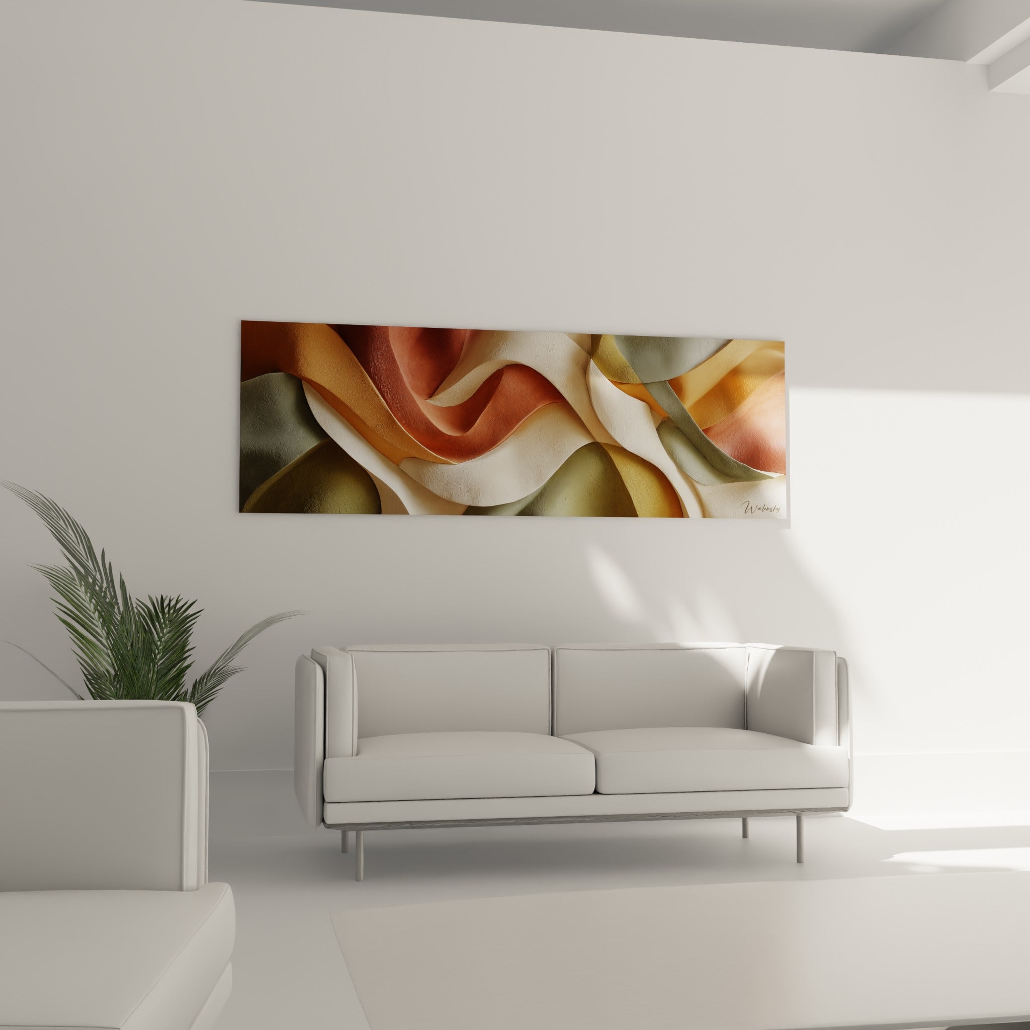 Plis ondulés terracotta et crème du tableau Terracotta disposés au-dessus d'un canapé dans un salon lumineux