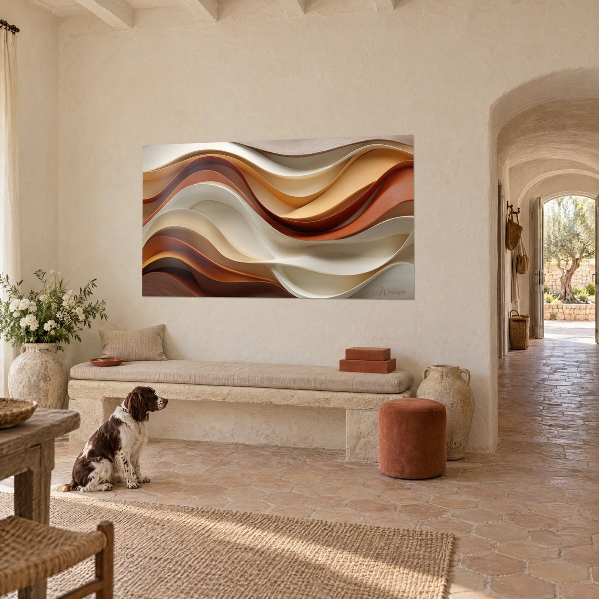 Wall art wavy paper ribbons in terracotta and ivory, amber highlights, a seated spaniel in front of a stone bench, Provençal farmhouse