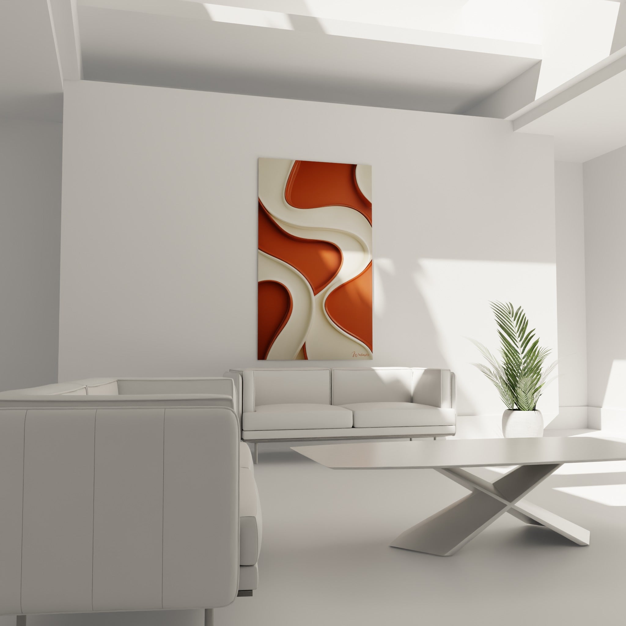Ondulations sinueuses brique et ivoire du tableau terracotta au-dessus d'un canapé dans un salon lumineux