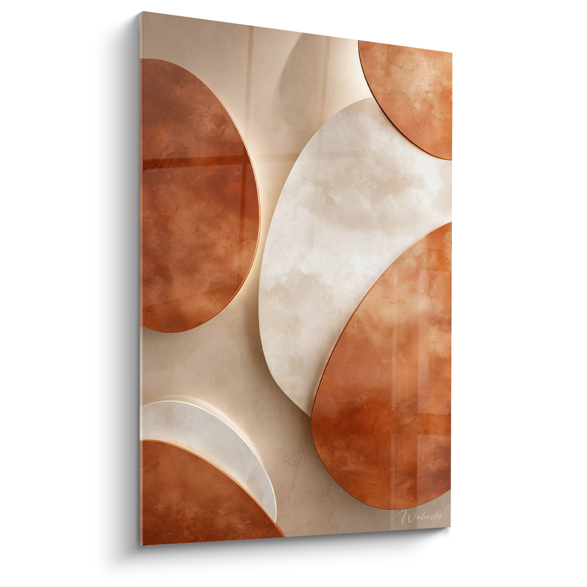 Formes ovales terracotta et sable clair se chevauchent sur un fond crème texturé abstrait