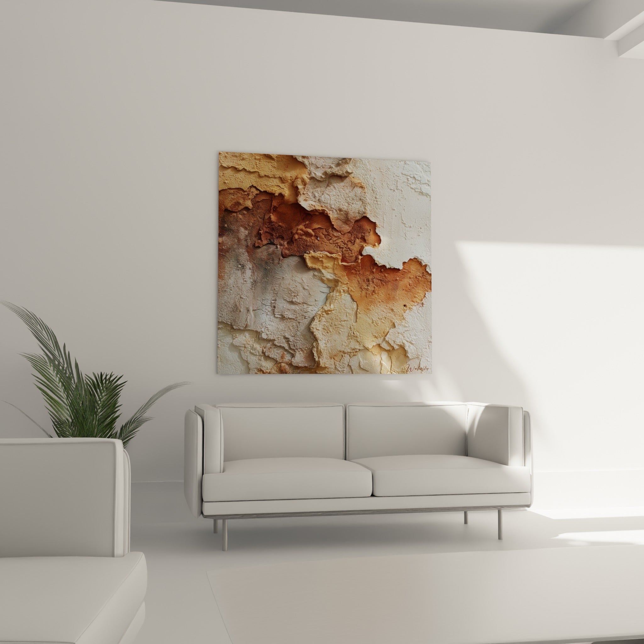 Matière fendue ocre et blanche évoquant une paroi ancienne, suspendue au-dessus d'un canapé dans un salon lumineux.