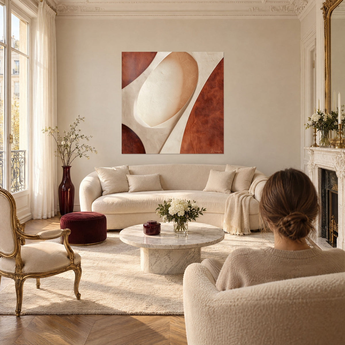 Tableau fleur sculpturale ivoire sur fond brique cuivré, relief crème et ovale doré, au-dessus d'un canapé dans un salon lumineux