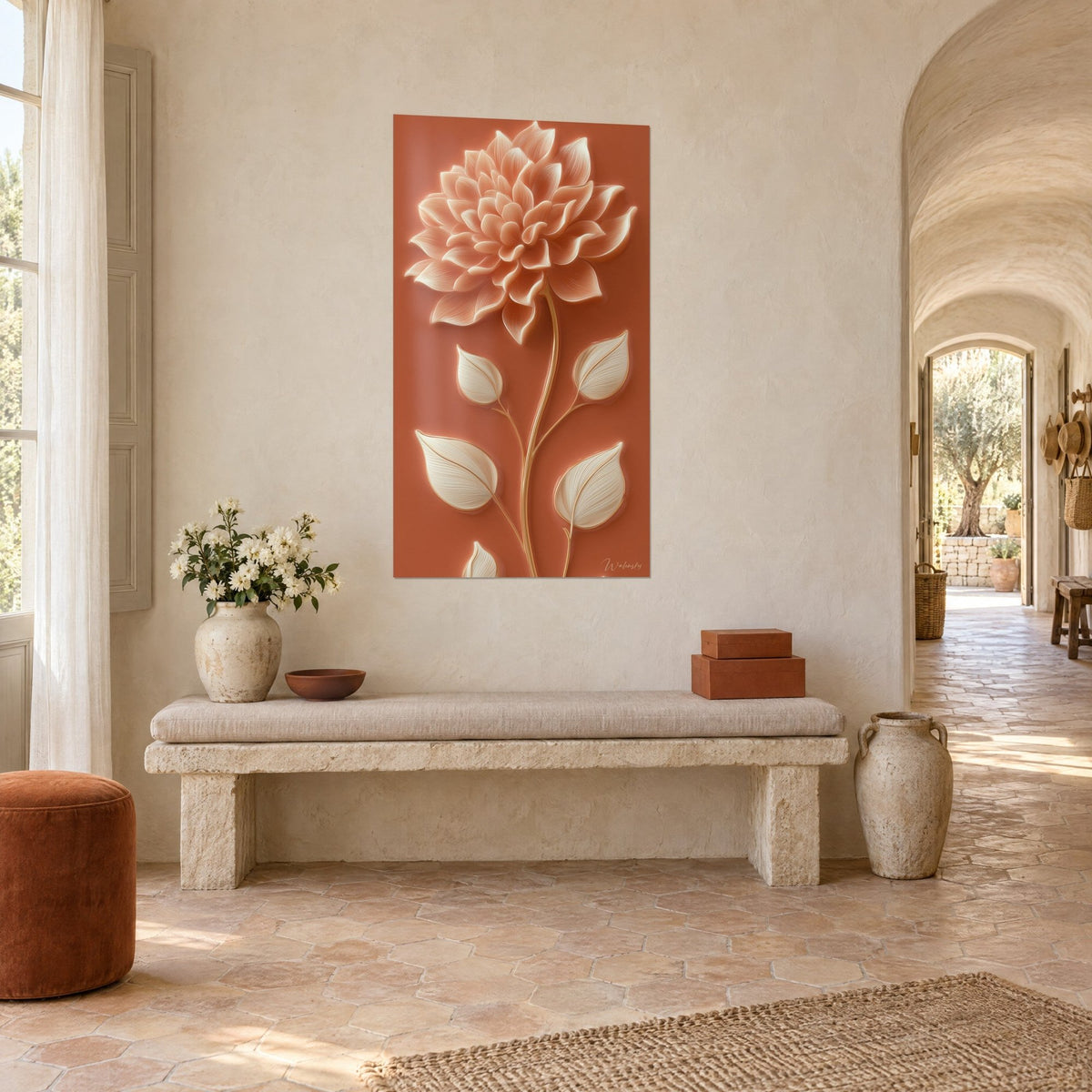 Wall art with a large coral bloom and cream leaves veined in gold on a rust background, pale stone wall in a vaulted hallway of the farmhouse