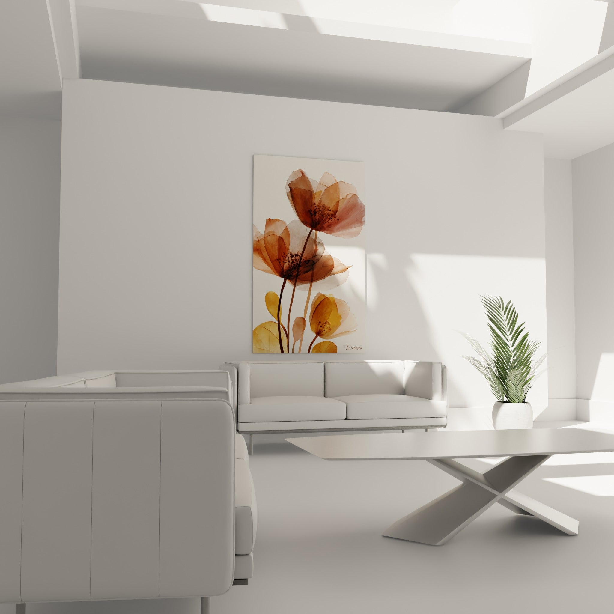 Fleurs dorées et terracotta aux tiges fines suspendues au-dessus d'un canapé dans un salon lumineux