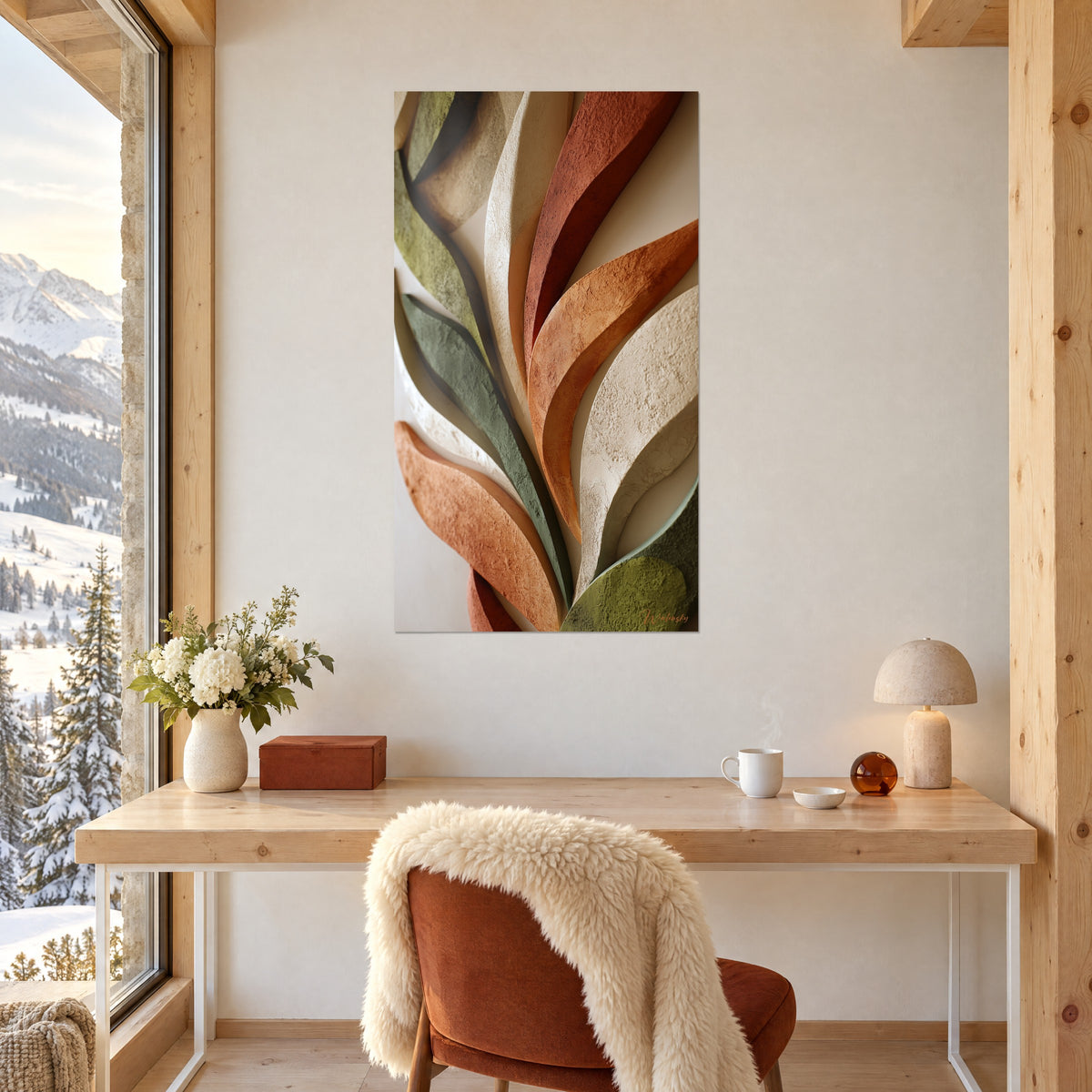 Tableau végétal en lames de plâtre orange, vert olive et ivoire, au-dessus d'un bureau en bois clair, chalet face aux sapins