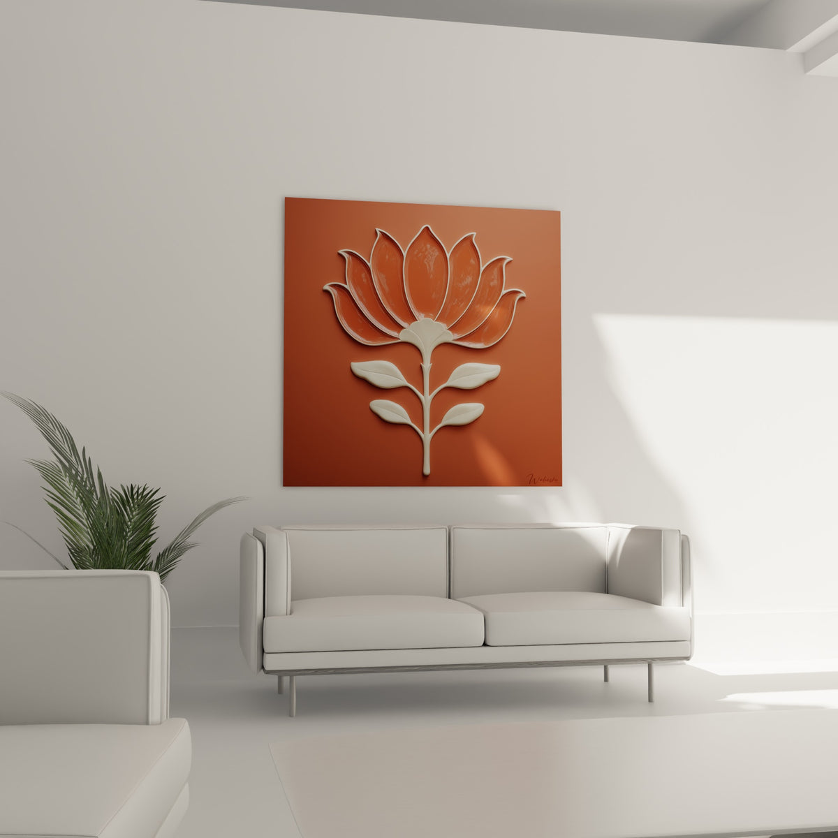 Motif floral terracotta et blanc cassé au relief brillant, disposé au-dessus d'un canapé dans un salon lumineux