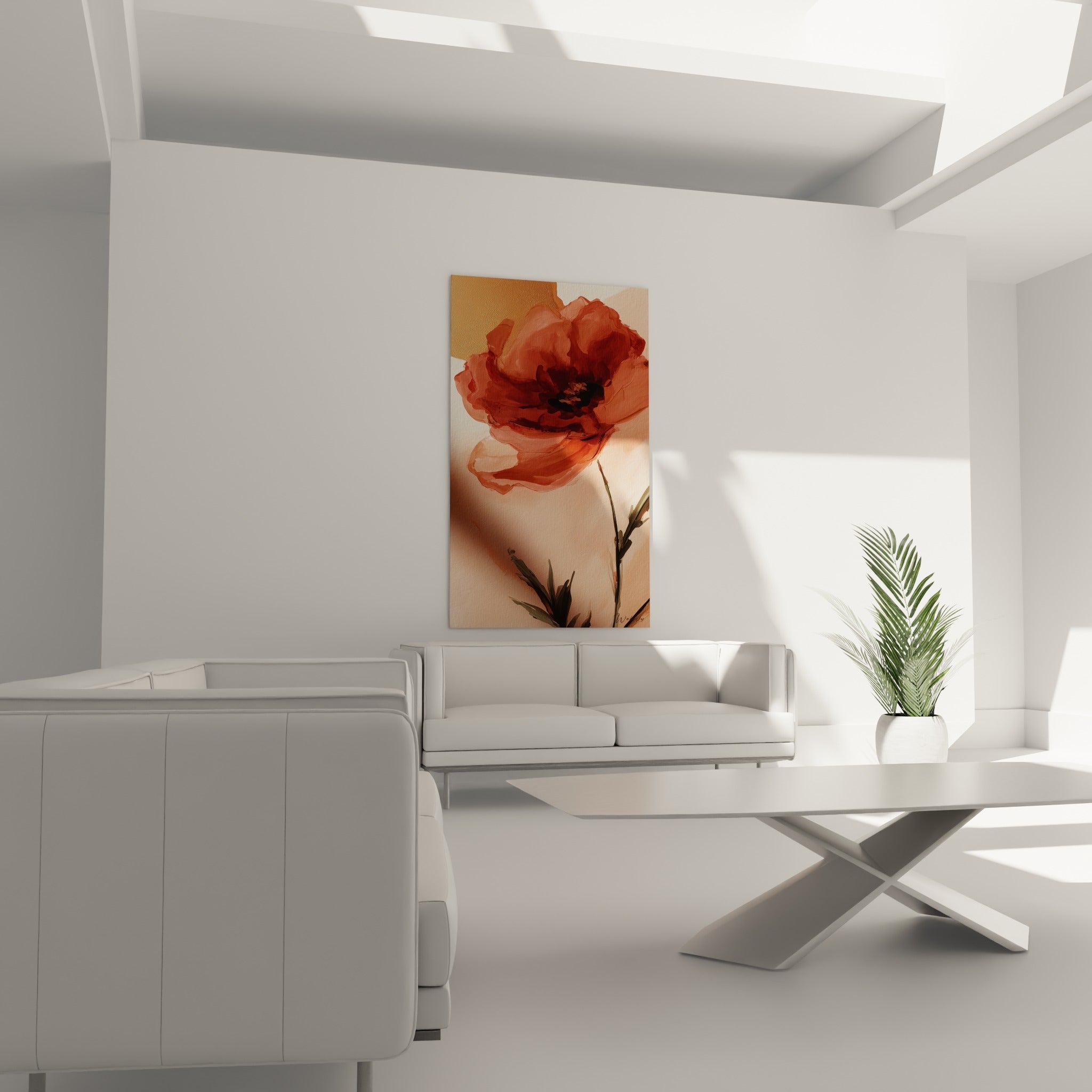 Pétales rouge et rose translucides sur fond terracotta doré, au-dessus d'un canapé dans un salon lumineux