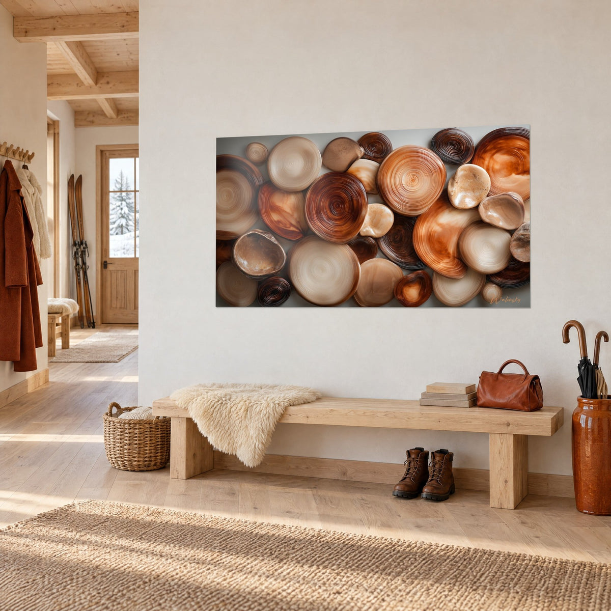 Gemälde aus Mosaik aus geäderten Steinen in Kupfer- und Sandtönen, eingeprägte Ringe, an einer weißen Wand neben einer Holzbank