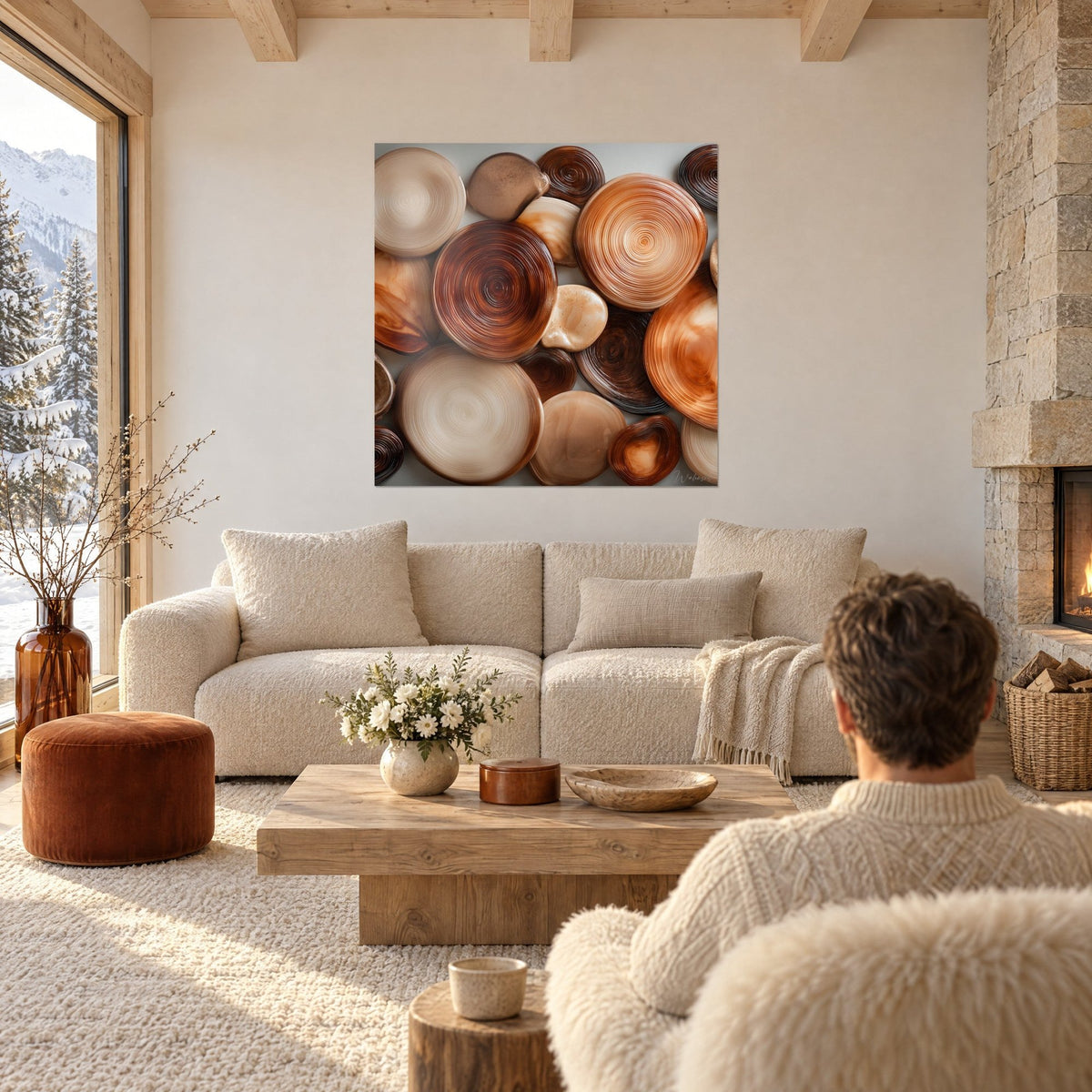 Quadro con ciottoli levigati a spirali ocra e marrone cioccolato, di fronte a una coppia di spalle, sopra un divano in un soggiorno luminoso