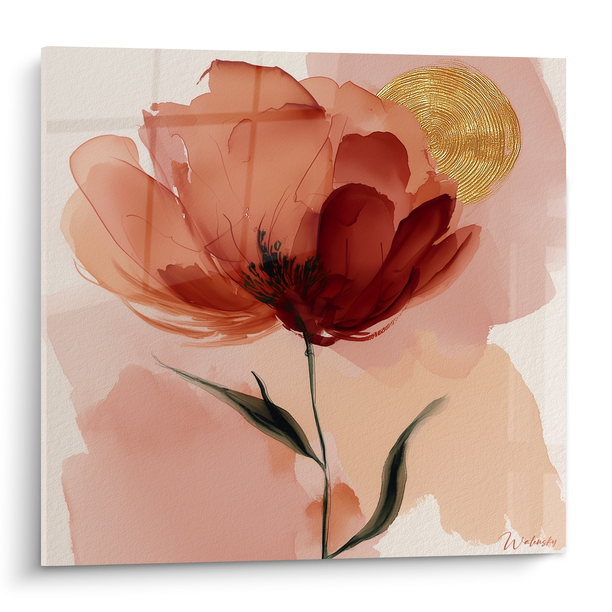 Pivoine terracotta et bordeaux peinte en aquarelle, cercle doré texturé en arrière-plan sur fond rosé