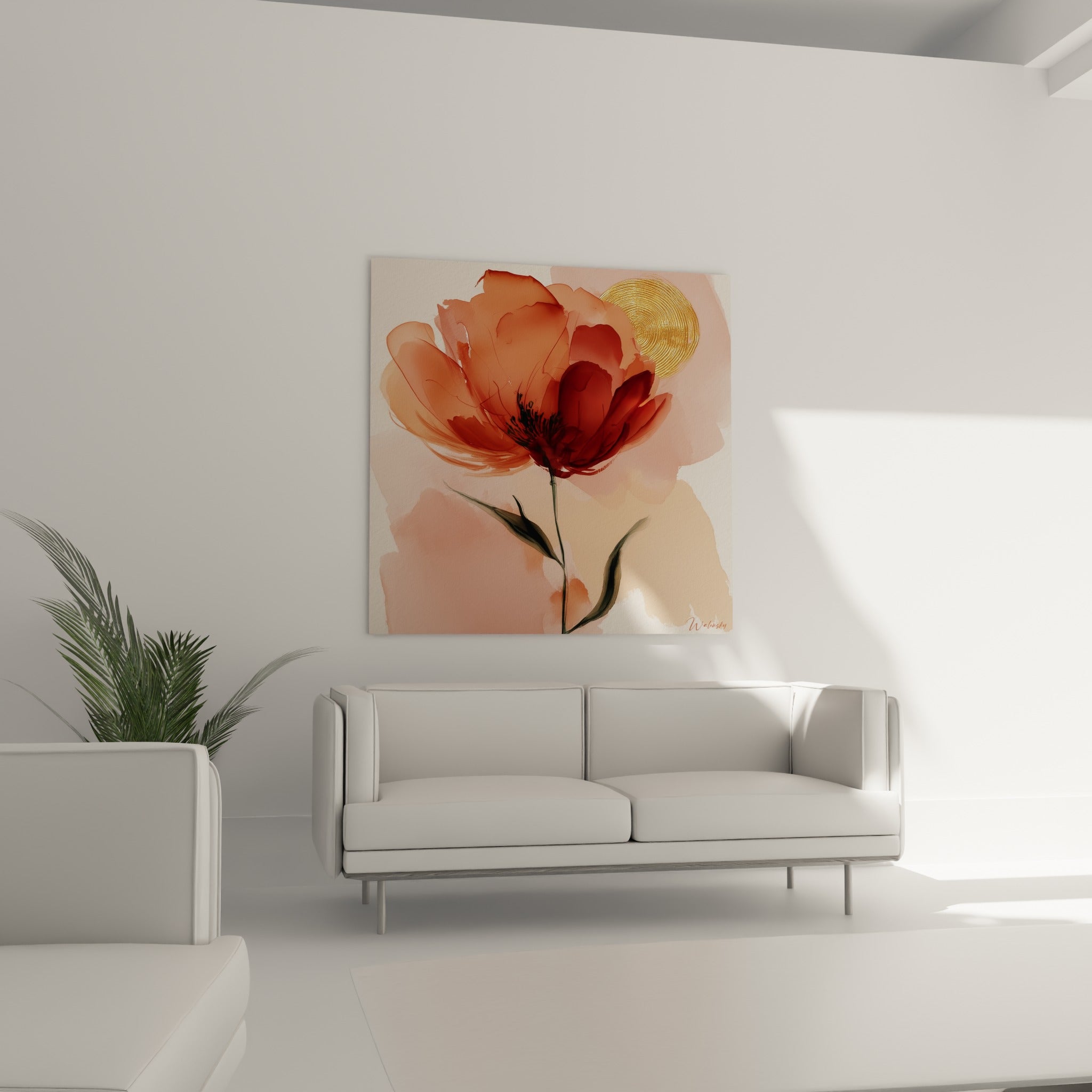 Pivoine corail et bordeaux à la tige verte sombre, disposée au-dessus d'un canapé dans un salon lumineux