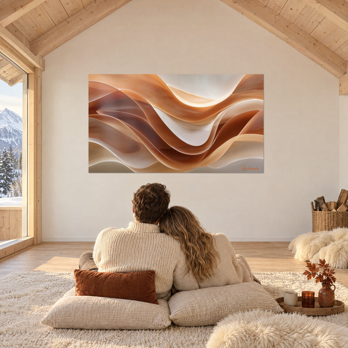 Tableau plis ondoyants cuivre et sable doré, un couple enlacé de dos sur des coussins blancs, sous la charpente du chalet