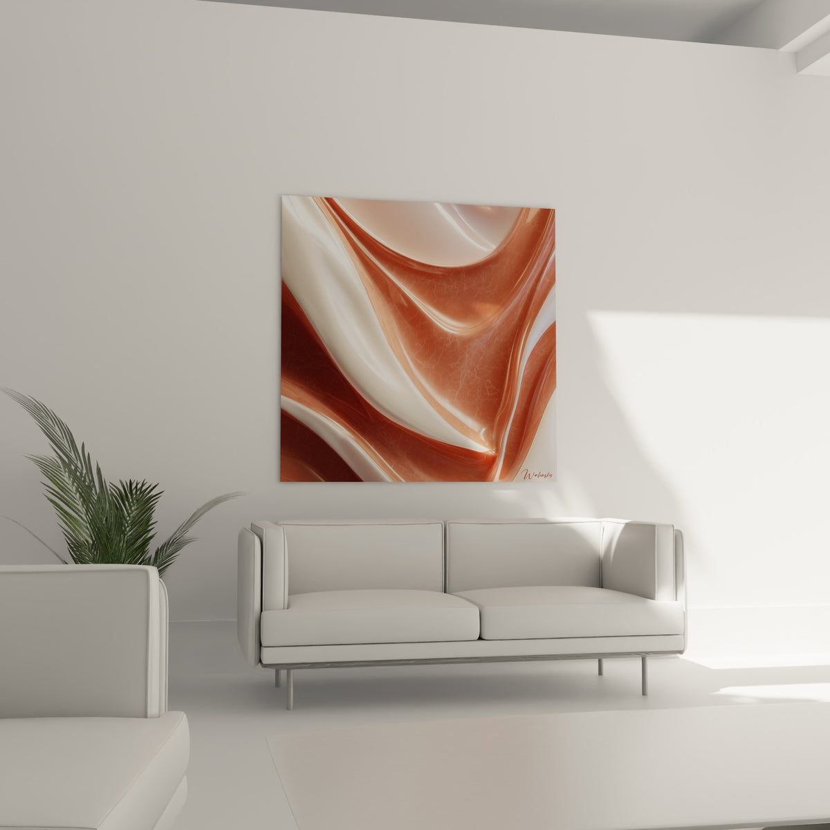 Plis sculpturaux terracotta et nacrés déployés au-dessus d'un canapé dans un salon lumineux