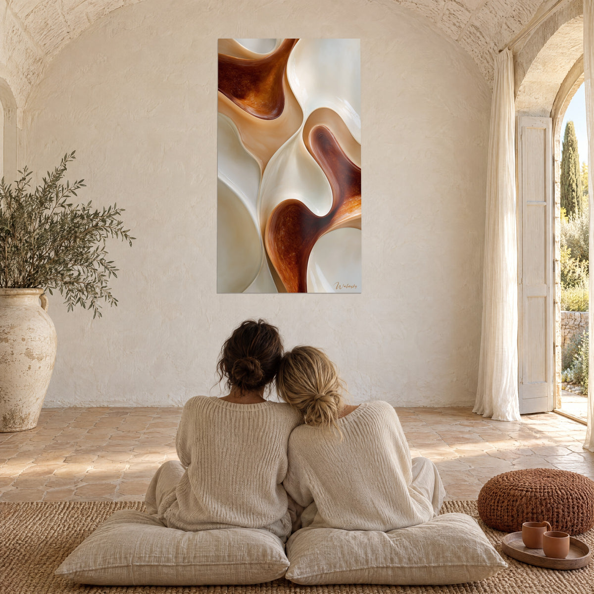Tableau sculpture liquide aux plis beige nacré et brun orangé, face à deux femmes de dos assises sur des coussins