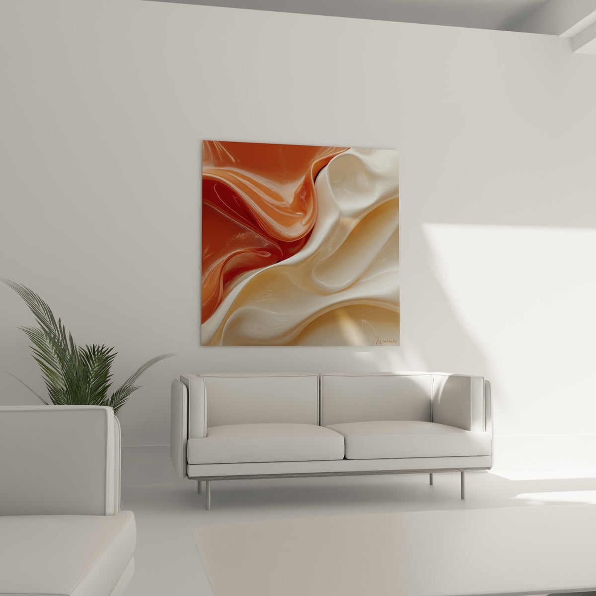 Plis soyeux ocre et crème se déployant en volutes lumineuses, au-dessus d'un canapé dans un salon lumineux
