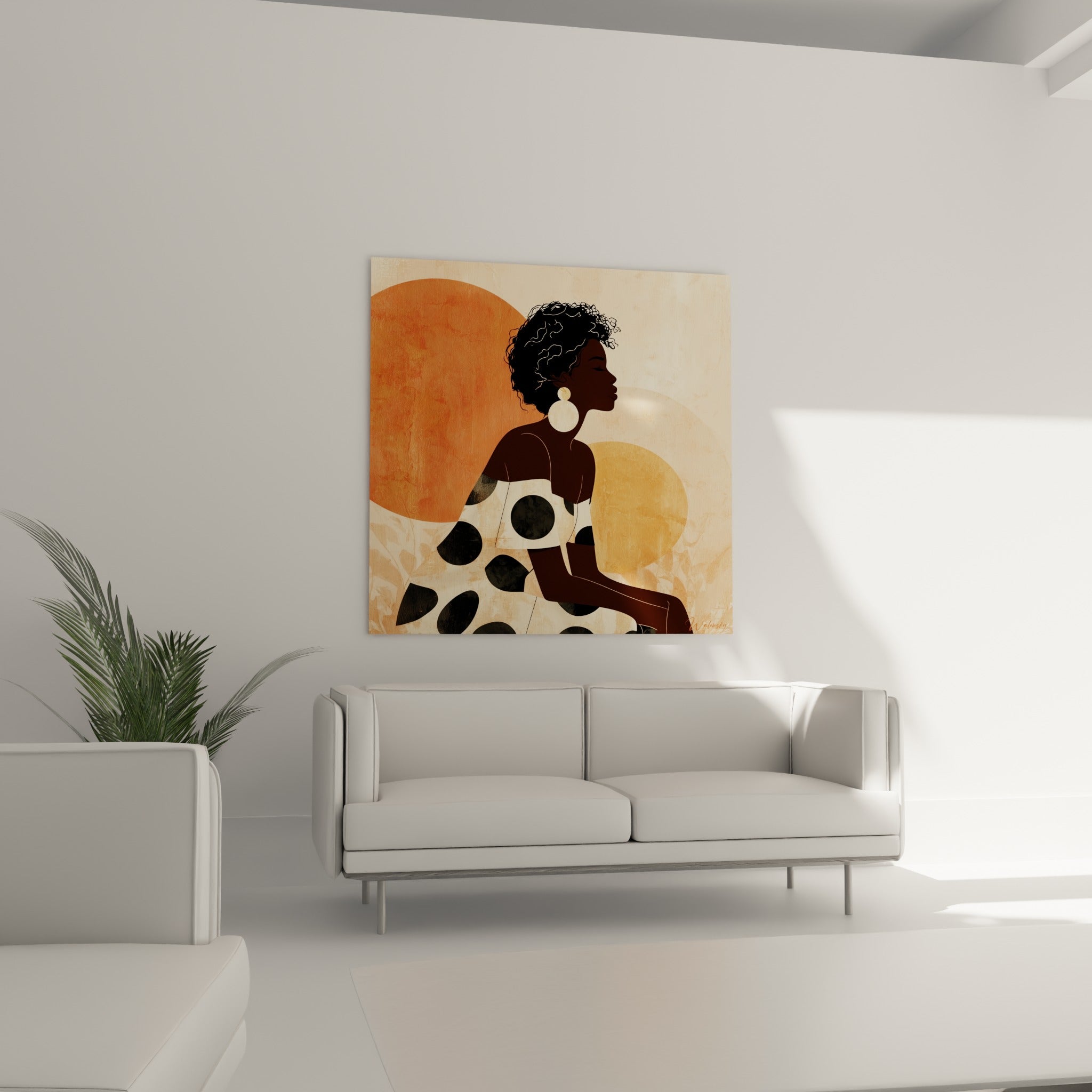 Portrait stylisé brun et orangé d'une femme au profil serein, au-dessus d'un canapé dans un salon lumineux