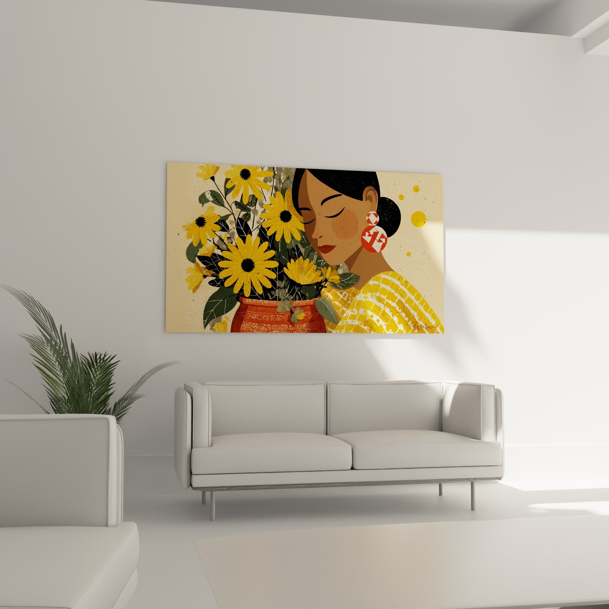 Portrait doux d'une femme aux tournesols jaunes et fond beige au-dessus d'un canapé dans un salon lumineux