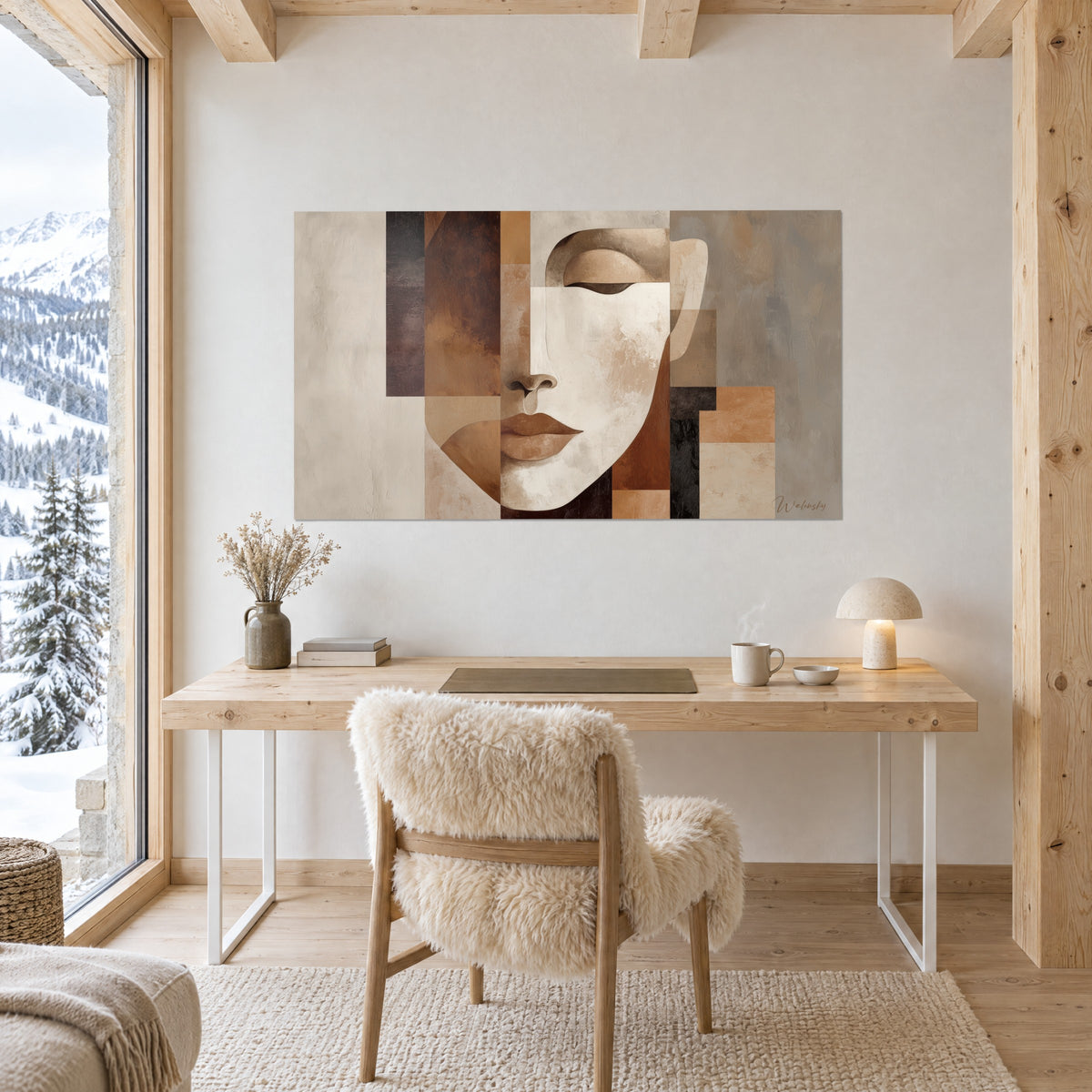 Tableau figure épurée aux rectangles ocre, rouille et gris taupe, bouche mate cuivrée, accroché au-dessus d'un bureau en bois clair près de la montagne