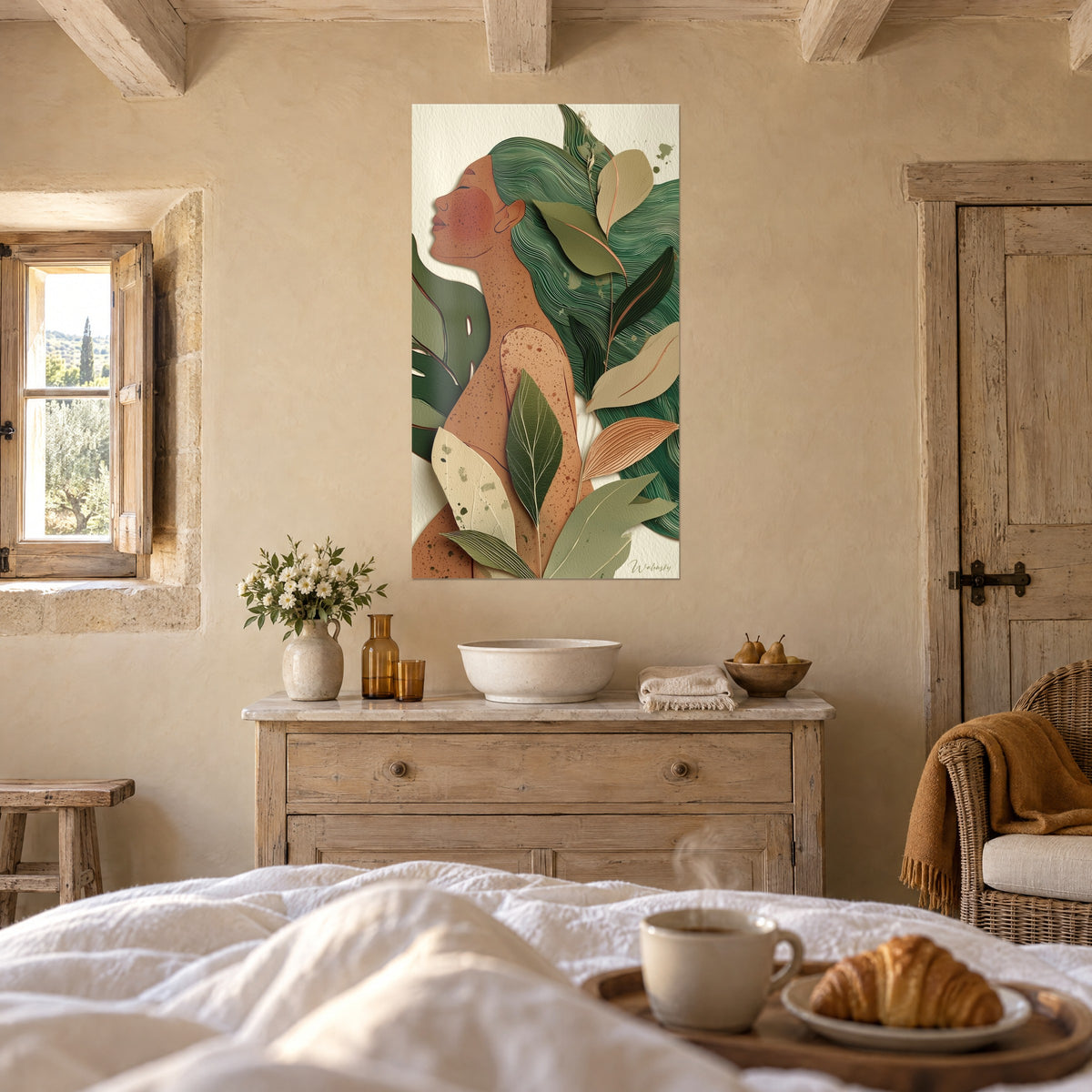 Wall art female profile with russet freckles, emerald green hair streaked with beige leaves, above a bed in a light bedroom
