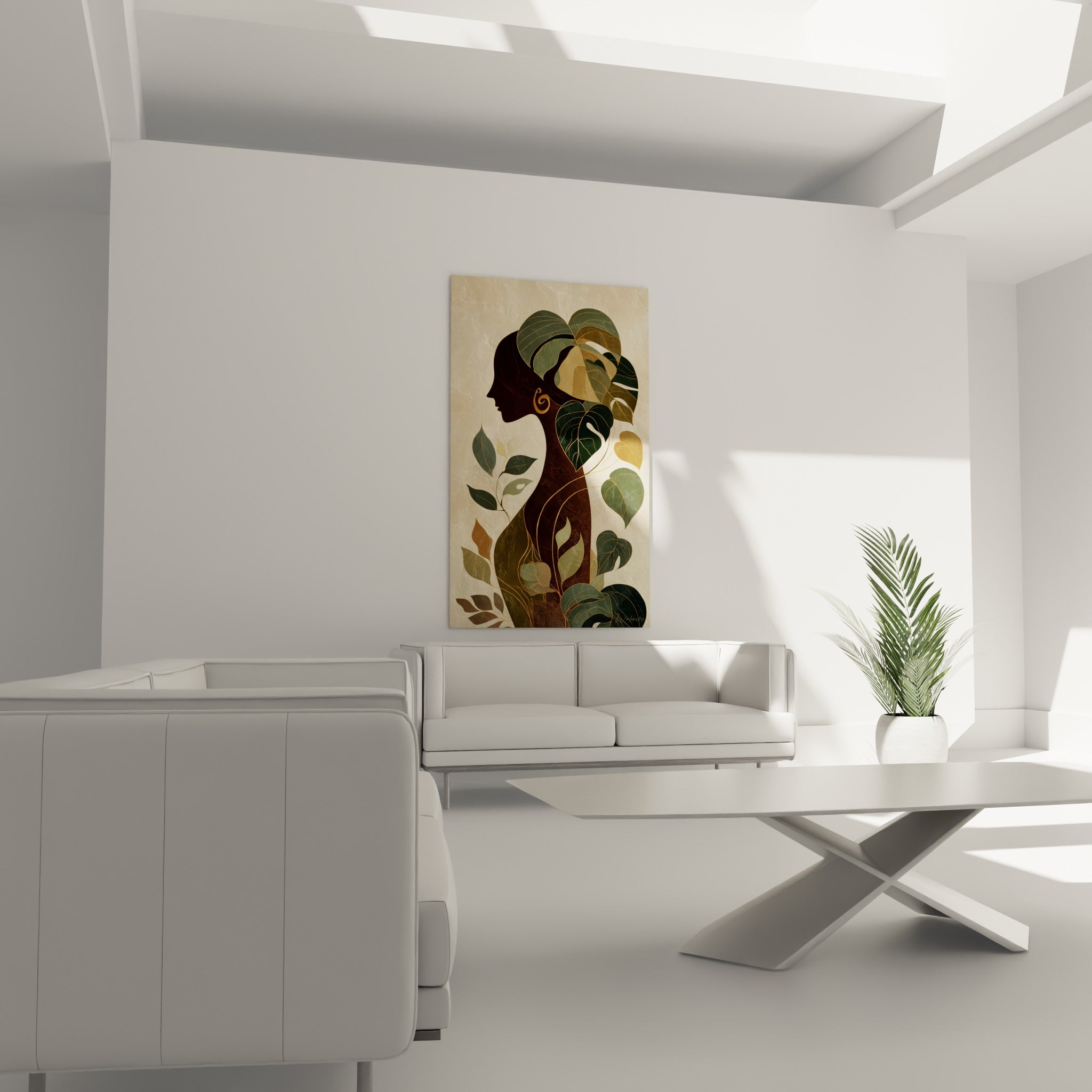 Figure féminine graphique aux tons terracotta et verts, disposée au-dessus d'un canapé dans un salon lumineux