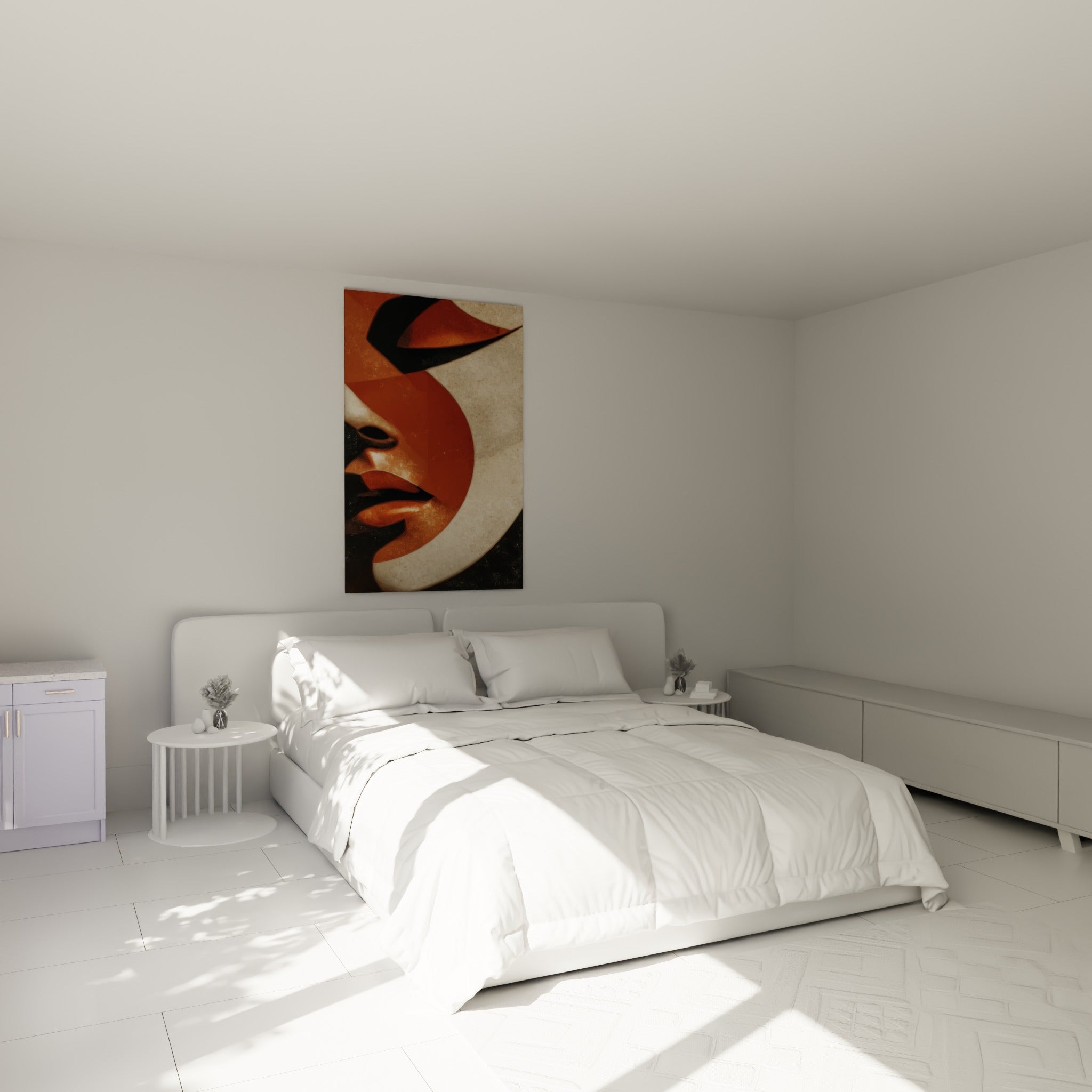 Profil fragmenté en terracotta et crème, courbes graphiques marquées, accroché au-dessus d'un lit dans une chambre claire