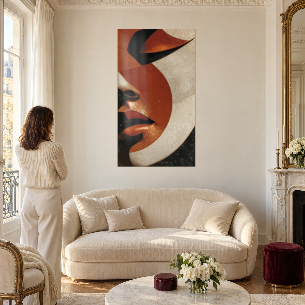 Quadro profilo di volto con curve terracotta, mezzaluna crema e sfondo nero, donna di schiena, sopra un divano in un soggiorno luminoso