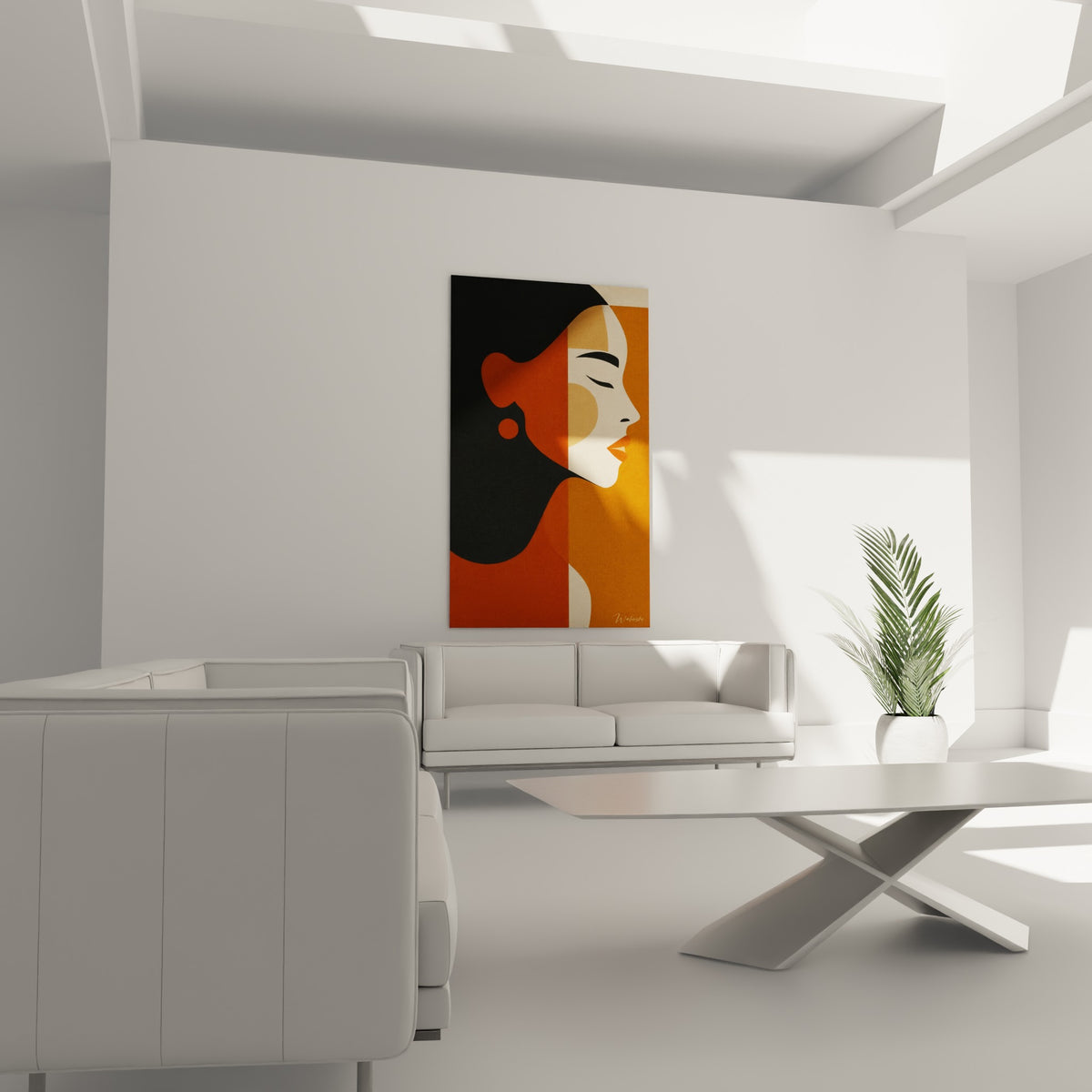 Portrait graphique terracotta et beige sable accroché au-dessus d'un canapé dans un salon lumineux