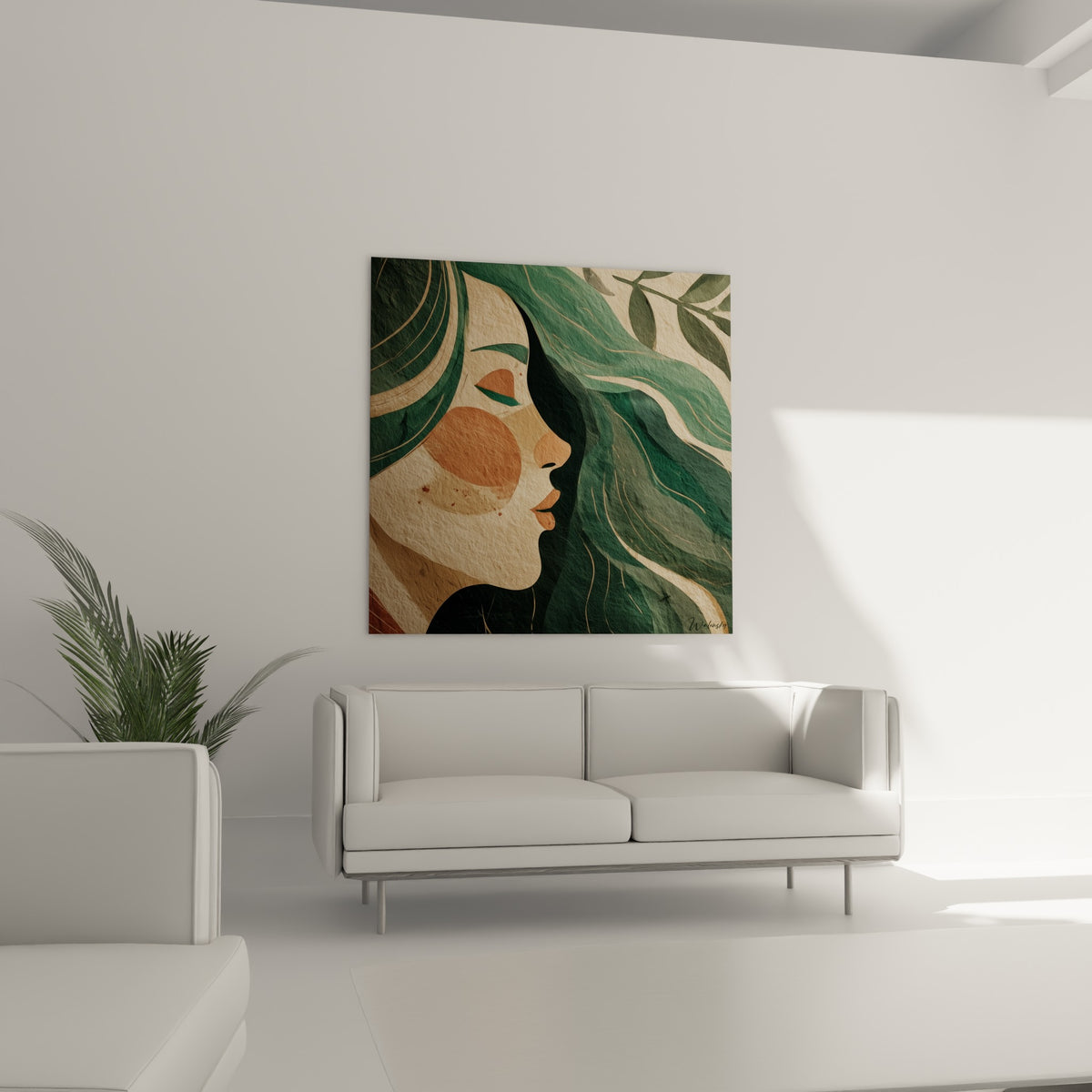 Visage terracotta et mèches vert profond ondulant en feuillage, au-dessus d'un canapé dans un salon lumineux