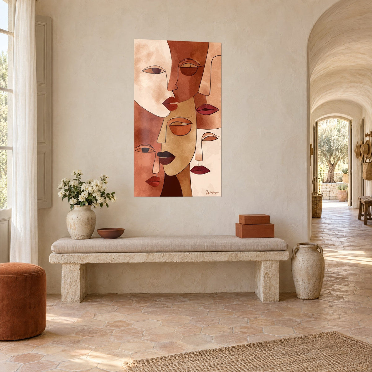 Tableau portraits entremêlés crème et terracotta, regards mi-clos cernés d'un trait noir, banc en pierre d'un mas provençal