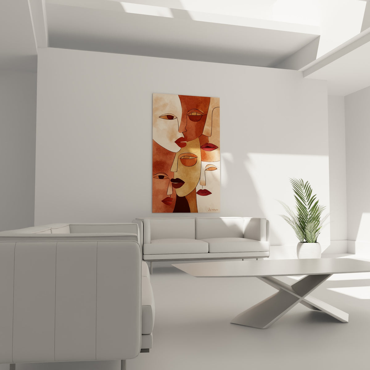 Profils bruns et ocre aux lèvres rouges disposés au-dessus d'un canapé dans un salon lumineux