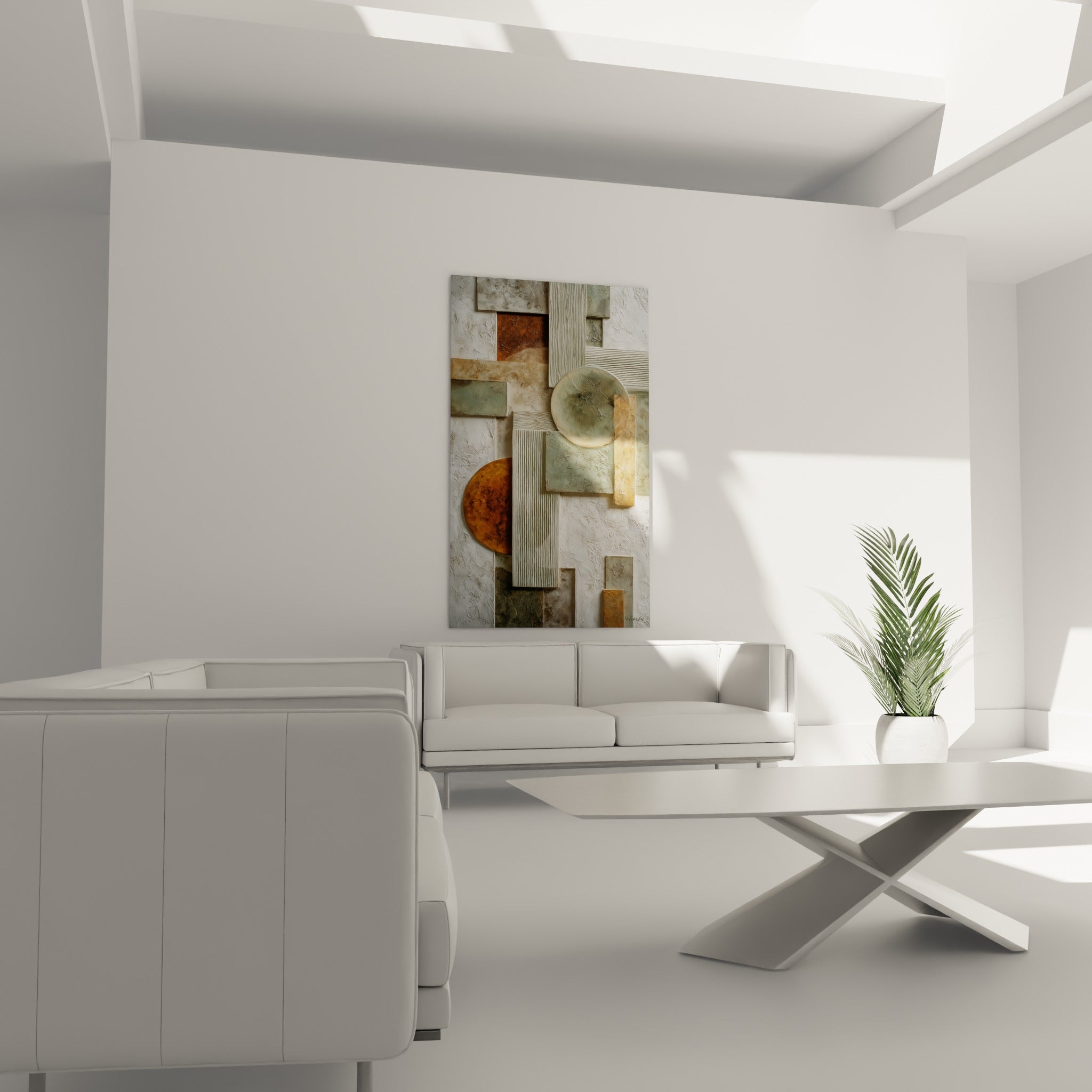 Formes rectangulaires beige et vert sauge en relief, au-dessus d'un canapé dans un salon lumineux