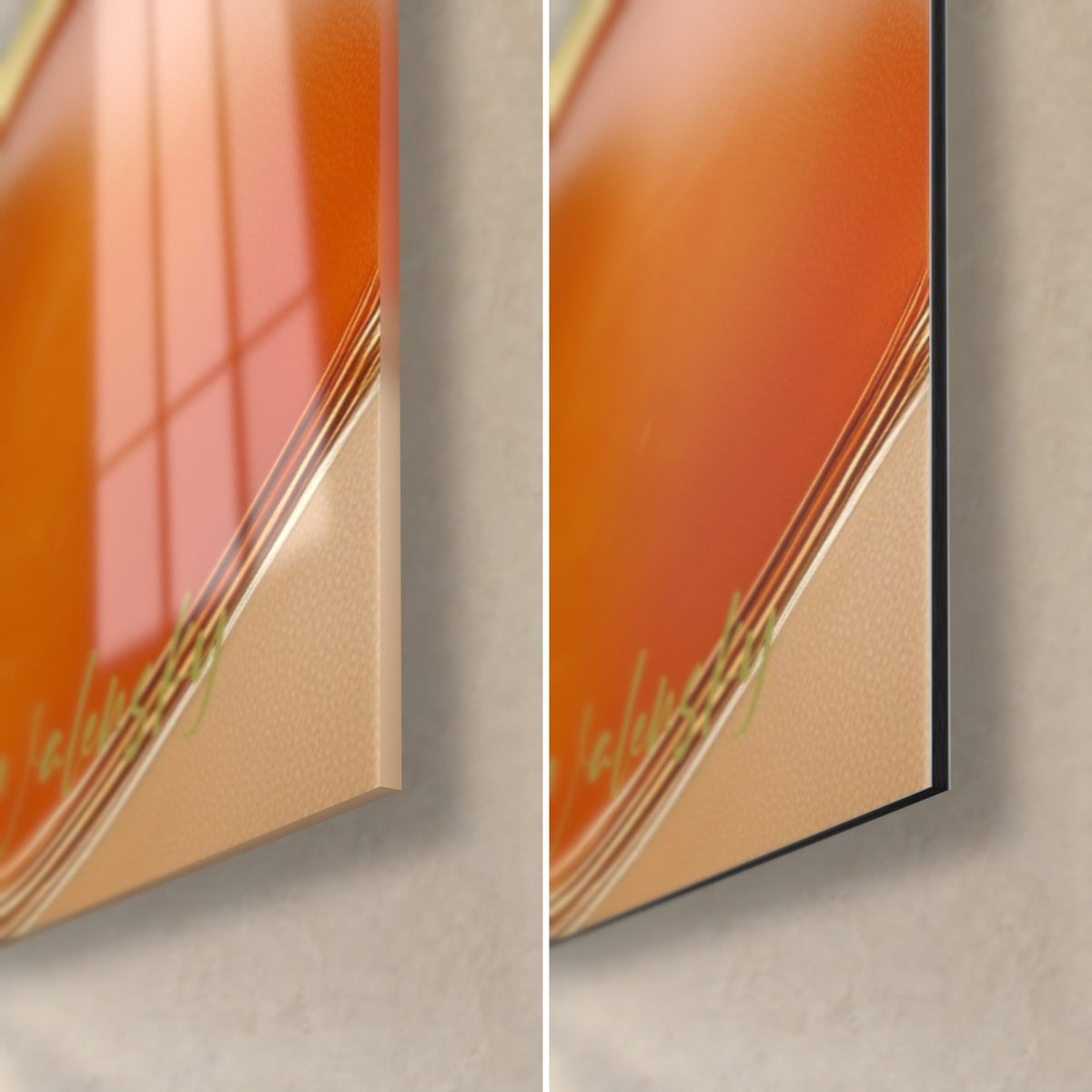 Quadro colata solare, angolo in basso a destra arancio bruciato e pesca, vetro lucido a sinistra, Dibond opaco a destra, spessore 3 mm