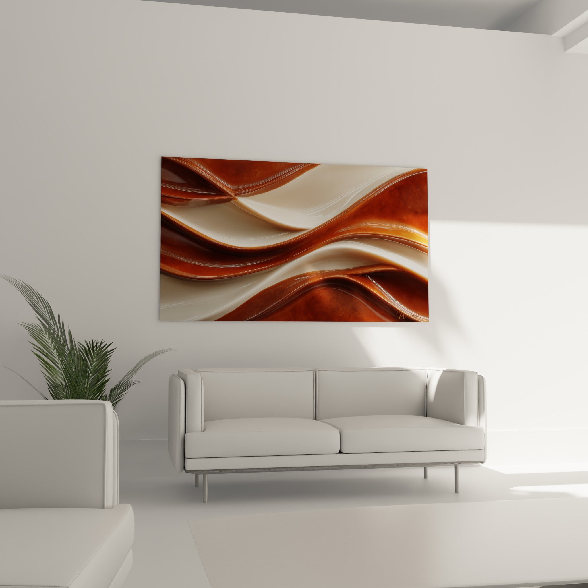 Reflets cuivrés et ivoire glissant en mouvement sinueux, au-dessus d'un canapé dans un salon lumineux