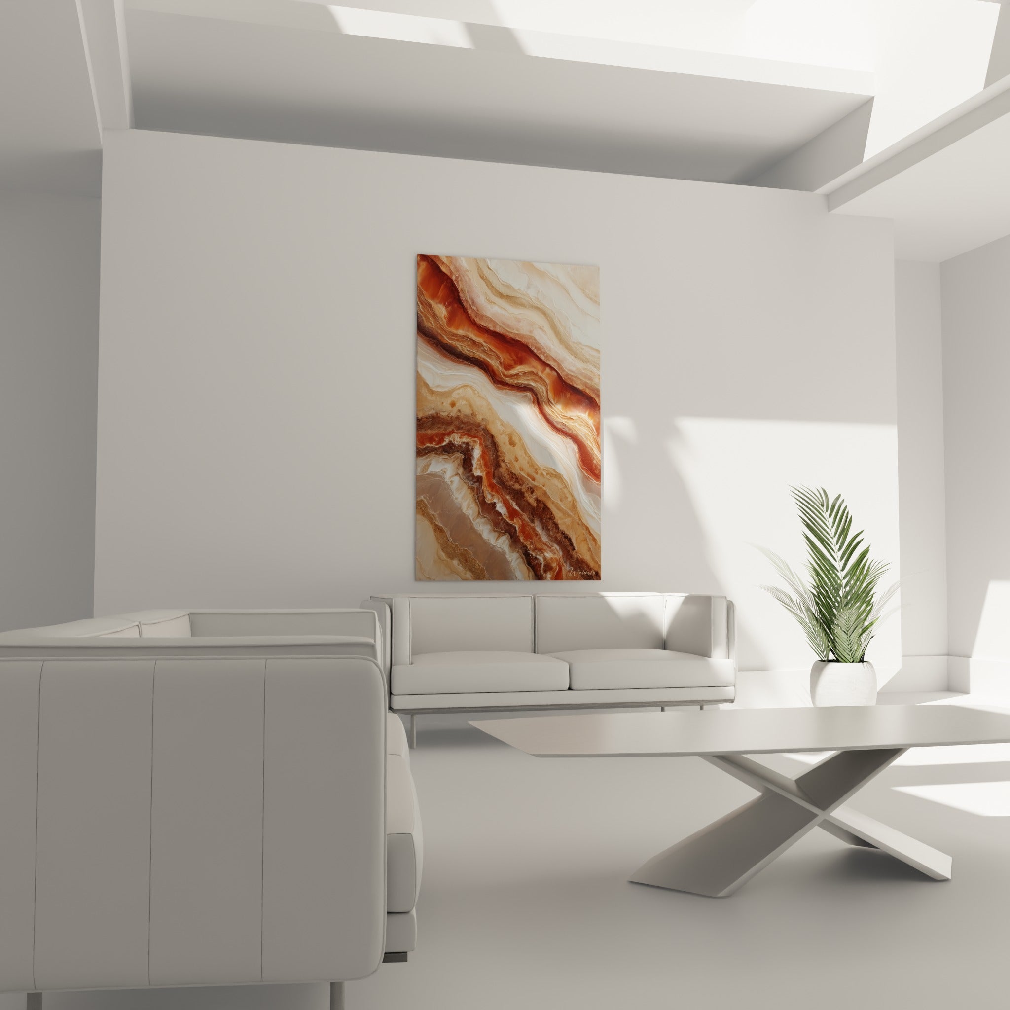 Motif marbré terracotta et ocre aux reflets dorés, tableau accroché au-dessus d'un canapé dans un salon lumineux