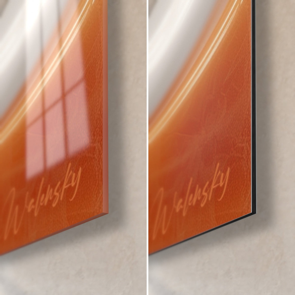 Gemälde mit ivoryfarbenen und kupferfarbenen Eiswellen, untere rechte Ecke: glänzendes Acrylglas mit Reflexen, mattschwarzes Alu-Dibond, 3 mm Kante