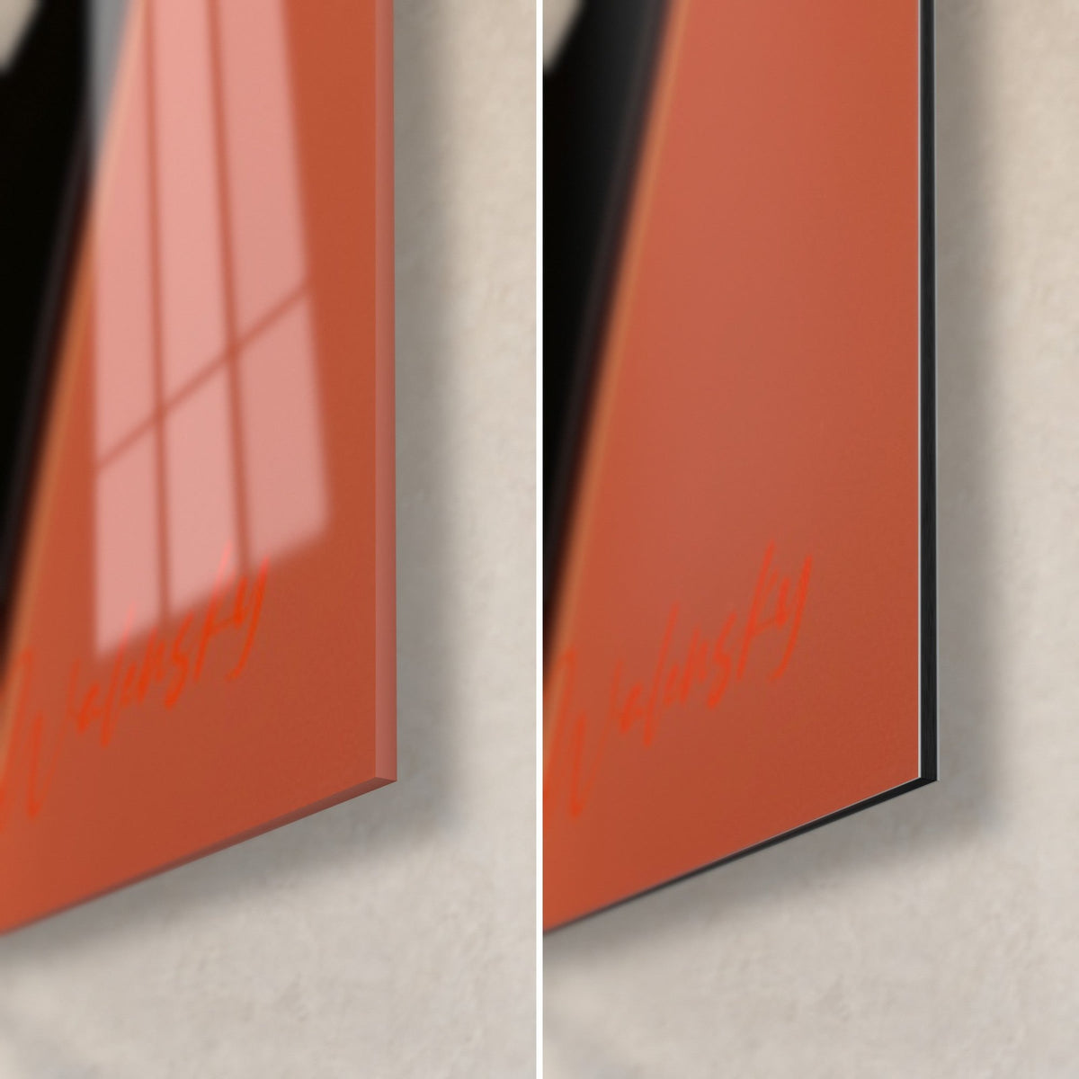 Quadro onde nere e terracotta, angolo in basso a destra: vetro acrilico lucido con riflessi di finestra, Dibond opaco, spessore del bordo 3 mm