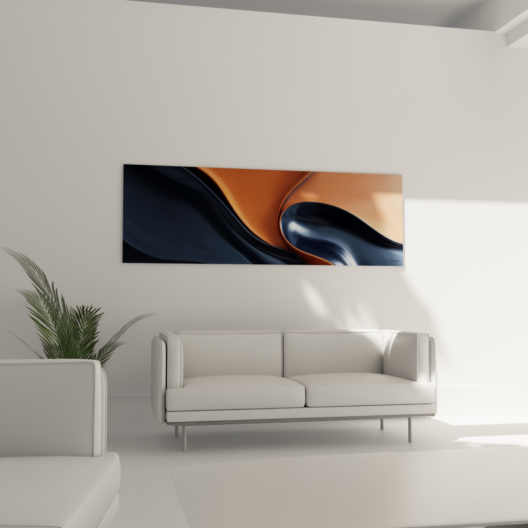 Formes fluides anthracite et terracotta de ce tableau, installées au-dessus d'un canapé dans un salon lumineux.