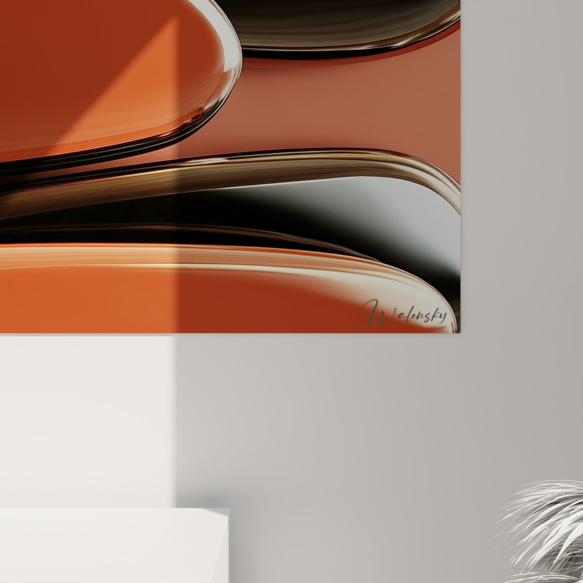 Reflets lumineux glissant sur la surface laquée terracotta et noire des galets empilés en gros plan