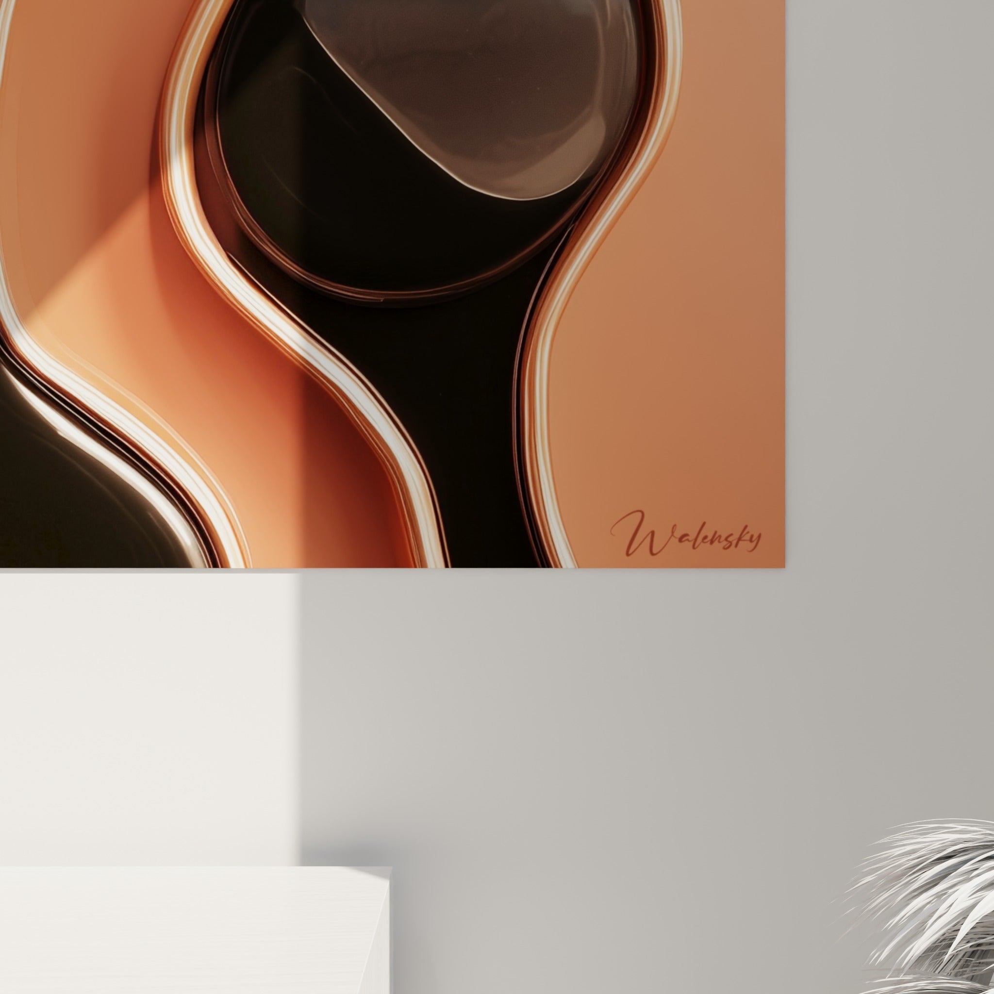 Matière brillante noire et terracotta révélant reflets et texture lisse en gros plan sur la toile