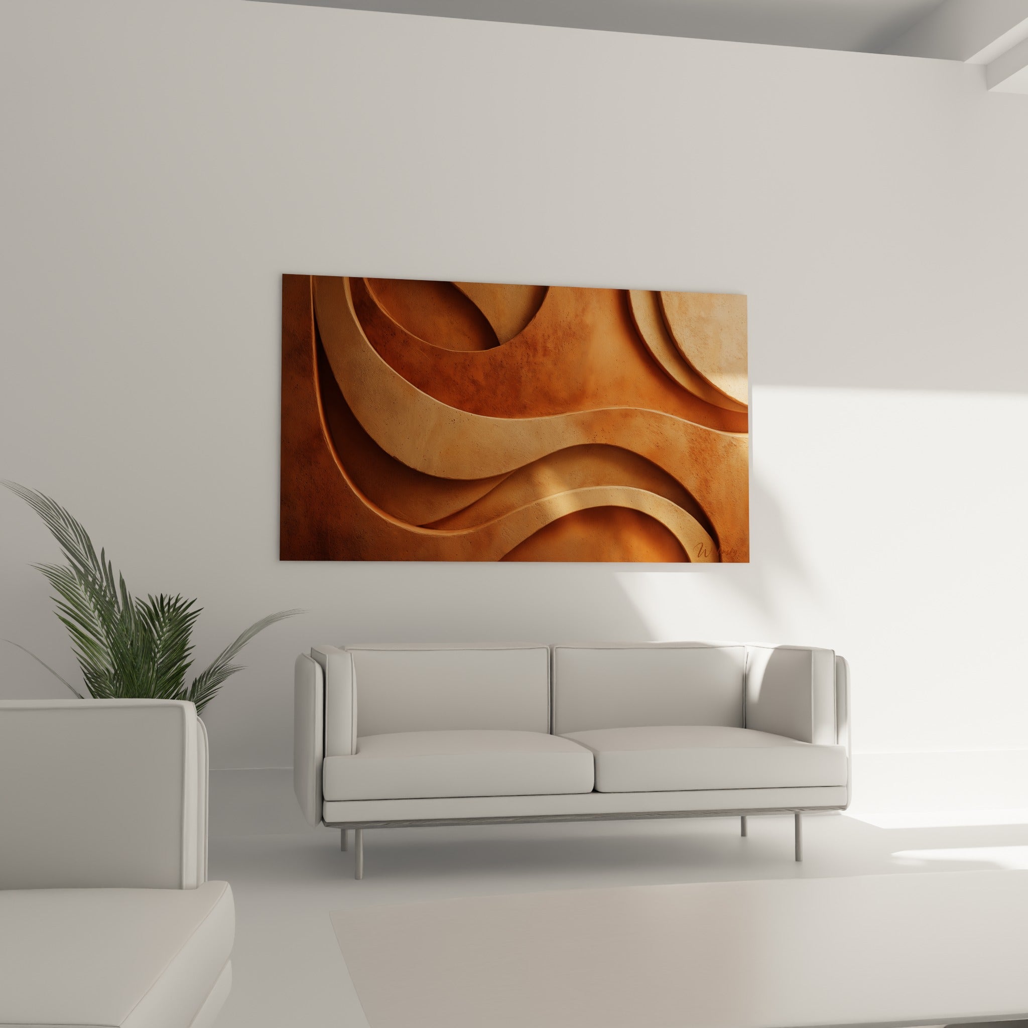 Sillons brun cuivré et ocre d'une toile abstraite au-dessus d'un canapé dans un salon lumineux