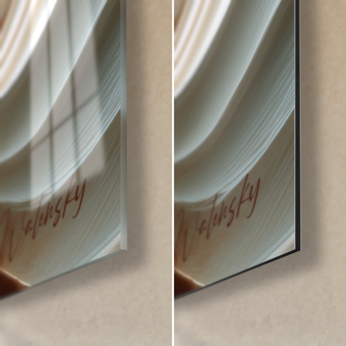 Schilderij met gebeeldhouwde golven in parelgrijs en roest, rechter onderhoek: glanzend glas en reflecties, mat Dibond, rand van 3 mm